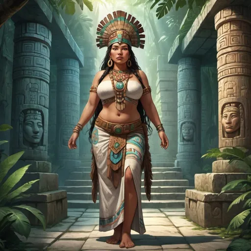 Prompt: Full body, Fantasy illustration of a mayan priestess, 30 years old, full-figured, beautiful traditional garment,  kind expression, high quality, rpg-fantasy, djungle temple background