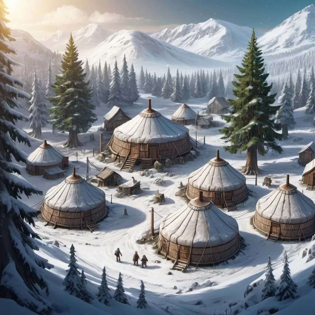 Prompt: Fantasy Illustration of a laplander settlement, yurts surrounding a very huge fir tree, entire settlement, immersive world-building, high quality, detailed, epic scale, fantasy, snow covered forest background 