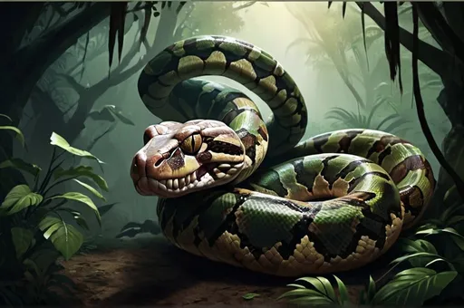 Prompt: Fantasy illustration ot a huge boa constrictor, ominous atmoshere, high quality, rpg-fantasy, atmospheric, jungle background