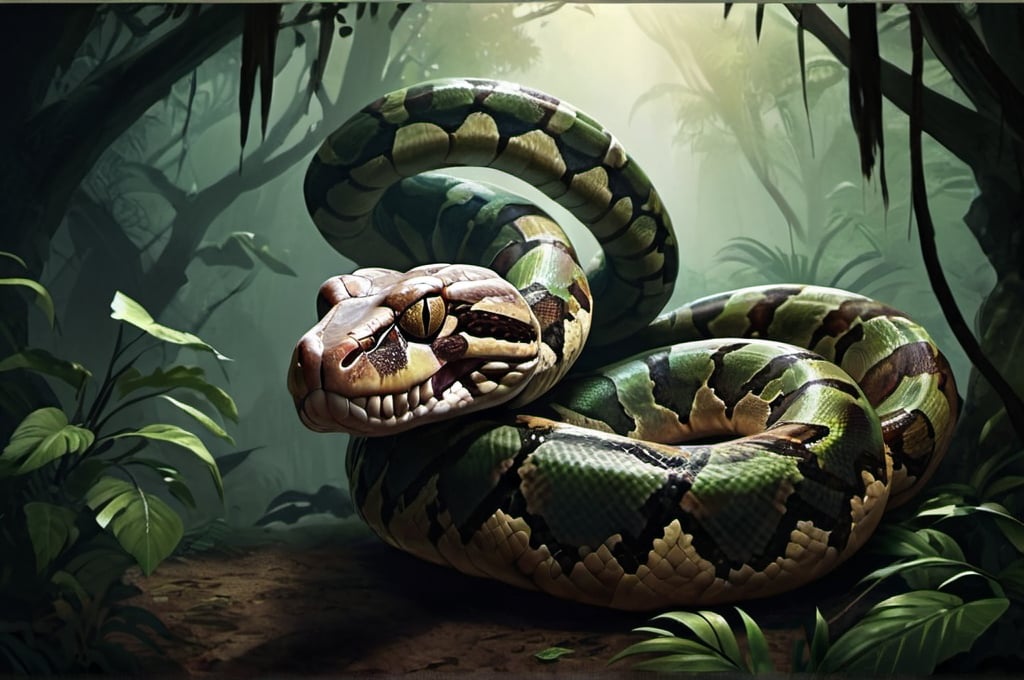 Prompt: Fantasy illustration ot a huge boa constrictor, ominous atmoshere, high quality, rpg-fantasy, atmospheric, jungle background