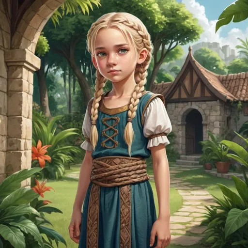 Prompt: Full body, Fantasy illustration of a nine year old girl, squinting gaze, medieval clothing, cute, blond braids, rpg-fantasy, squint eyes,high quality, rpg-fantasy, detailed, tropical garden in the background