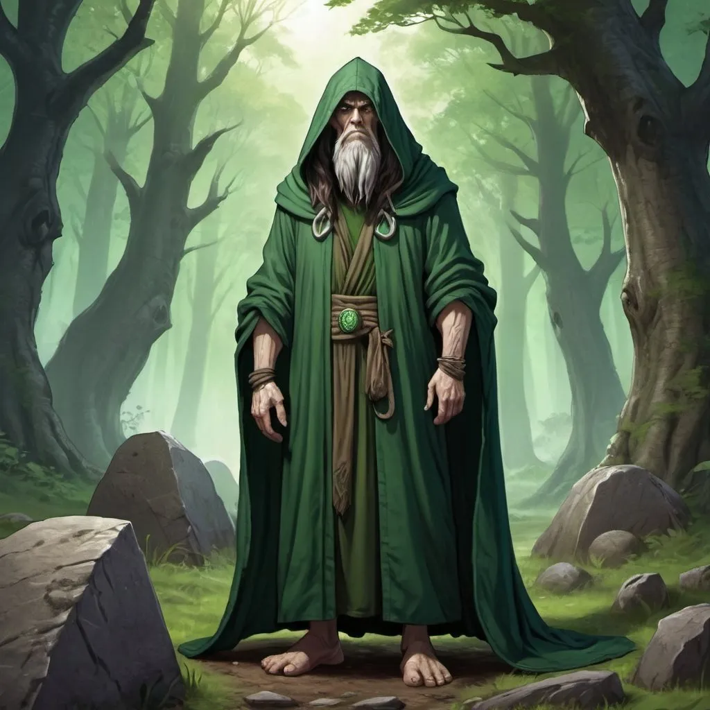 Prompt: Full body, Fantasy illustration of a druid, long goatie, 50 years old, wearing a dark green hooded robe, grumpy expression, high quality, rpg-fantasy, detailed, megalithic grave anf forest in the background