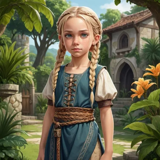 Prompt: Full body, Fantasy illustration of a nine year old girl, squinting gaze, medieval clothing, cute, blond braids, rpg-fantasy, squint eyes,high quality, rpg-fantasy, detailed, tropical garden in the background