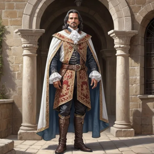 Prompt: Full body, Fantasy illustration of a male spanish noble hidalgo, 48 years old, delicate traditional garment, proud expression, high quality, rpg-fantasy, detailed, castle