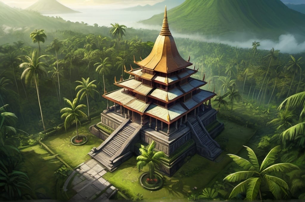 Prompt: Fantasy illustration of a temple, Sumatra Minangkabau architecture, bird's-eye view, game-rpg style, detailed temple design, lush greenery, mystical atmosphere, atmospheric lighting, highres, detailed landscape, fantasy, RPG, bird's-eye view, temple architecture, lush environment, mystical, atmospheric lighting, detailed design, game style, high quality, detailed landscape