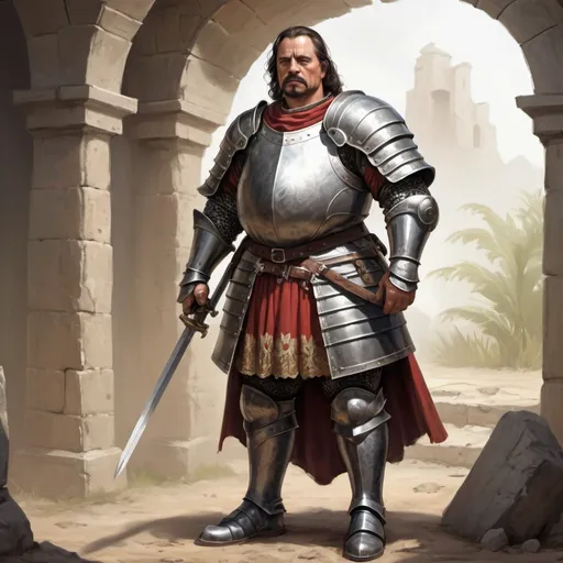 Prompt: Full body, Fantasy illustration of a Conquistador, 45 years old, full-figured, wornout cuirass, sloppy, stubborn expression, high quality, rpg-fantasy, djungle fort