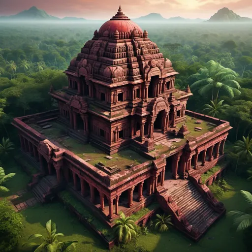 Prompt: Huge indian Temple Ruin complex, South Indian Architecture, entire structure, partly destructed, ghostly atmosphere, strongly overgrown by djungle, red and black marble materials, lush green surroundings, intricate carvings and ornate details, birdview  immersive world-building, high quality, detailed, epic scale, fantasy, game style, vibrant colors, nightfall