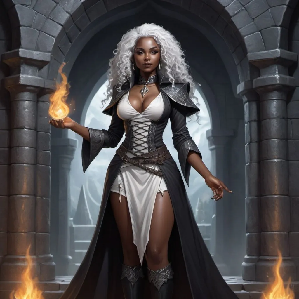 Prompt: Full body, Fantasy illustration of a black female warlock, 25 years old, full figured, beautiful, dark black skin, white curly hair, elegant grey wizardrobe, delicate makeup, mischievous expression, spiteful smile, casting a ritual, high quality, rpg-fantasy, detailed, dark wizard tower background