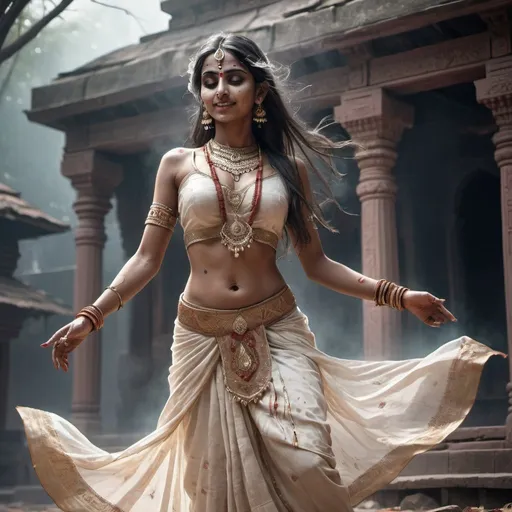 Prompt: Full body, Fantasy illustration of a ghost of an indian dancer, 30years old, beautiful, ethereal and transparent figure, wearing traditional garment,  dynamic dance pose, knife wound in her chest, haunting and sad smile, high quality, rpg-fantasy, detailed, indian temple yard