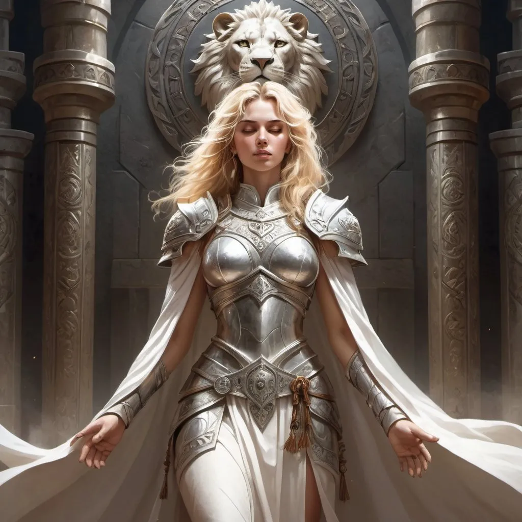 Prompt: Full body, Fantasy illustration of a blone female warrior priestess,  delicate silber armor, white robe, lion emblem, ecstatic  gaze, praying, high quality, rpg-fantasy, medivial style temple, mystical atmosphere