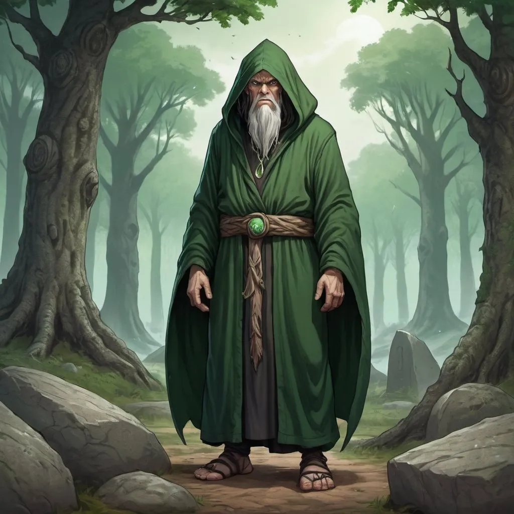 Prompt: Full body, Fantasy illustration of a druid, long goatie, 50 years old, wearing a dark green hooded robe, grumpy expression, high quality, rpg-fantasy, detailed, megalithic grave anf forest in the background