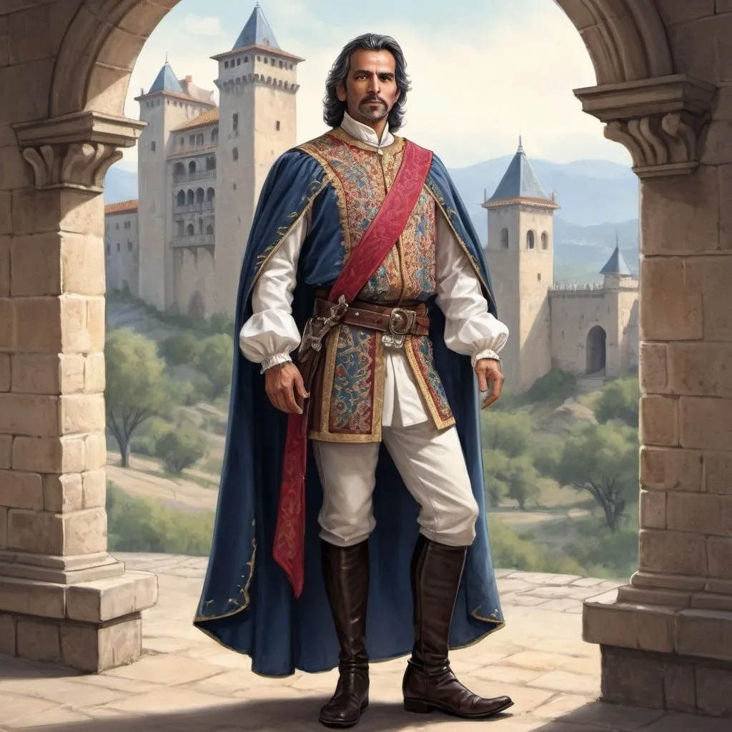 Prompt: Full body, Fantasy illustration of a male spanish noble hidalgo, 48 years old, delicate traditional garment, proud expression, high quality, rpg-fantasy, detailed, castle