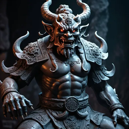 Prompt: Chinese Statue, male demon, terrifying, made of dark stone, immersive world-building, high quality, detailed, epic scale, fantasy, game style, vibrant colors, dark and eerie lighting