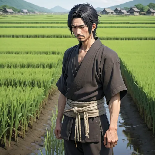 Prompt: Full body, japanese farmer, male, fourtyfive years old, black hair and short beart, grieving expression, RPG-fantasy, intense, detailed, game-rpg style, fantasy, detailed character design, atmospheric, japanese rice fields