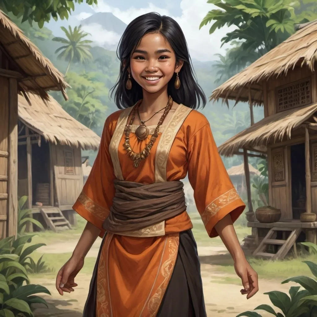 Prompt: Full body, Fantasy illustration of a female indonesian village girl, 17 years old, tawny  orange-brownish skin color, joyful expression, traditional garment, black hair, high quality, rpg-fantasy, detailed, indonesian village background