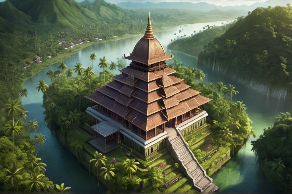 Prompt: Fantasy illustration of a temple, Sumatra Minangkabau architecture, bird's-eye view, game-rpg style, detailed temple design, lush greenery, mystical atmosphere, atmospheric lighting, highres, detailed landscape, fantasy, RPG, bird's-eye view, temple architecture, lush environment, mystical, atmospheric lighting, detailed design, game style, high quality, detailed landscape