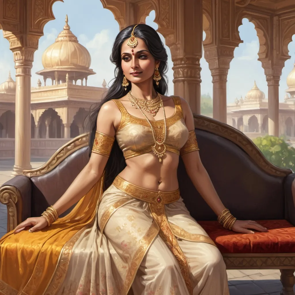 Prompt: Full body, Fantasy illustration of a female Maharani, 40 years old, delicate traditional garment, golden diadem, coquettish expression, lying on a bench, high quality, rpg-fantasy, indian palast in the background