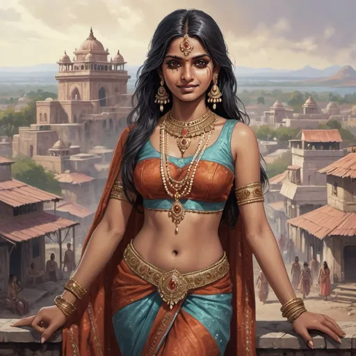 Prompt: Full body, Fantasy illustration of a female indian woman, 18 years old,  very beautiful, delicate jewellery, intricate makeup, traditional garment, femme fatal, enchanting expression, sinister gaze, cruel smile, high quality, rpg-fantasy, detailed, ancient indian town in background
