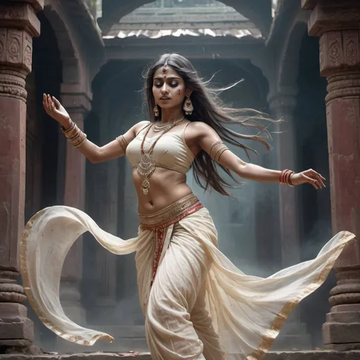 Prompt: Full body, Fantasy illustration of a ghost of an indian dancer, 30years old, beautiful, ethereal and transparent figure, wearing traditional garment,  dynamic dance pose, knife wound in her chest, haunting and sad expression, high quality, rpg-fantasy, detailed, indian temple yard