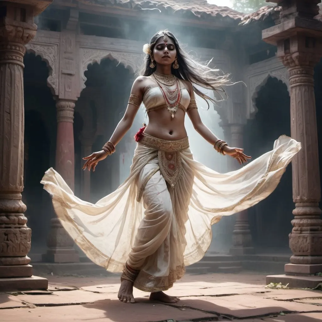 Prompt: Full body, Fantasy illustration of a ghost of an indian dancer, 30years old, beautiful, ethereal and transparent figure, wearing traditional garment,  dynamic dance pose, knife wound in her chest, haunting and sad expression, high quality, rpg-fantasy, detailed, indian temple yard