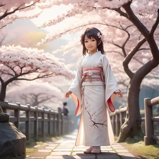 Prompt: Full body, small japanese girl, four years old, wearing white elegant japanese garment, hair decorated with cherryblossoms, cute, subtle smile, mystical atmosphere, RPG-fantasy, intense, detailed, game-rpg style, fantasy, detailed character design, 
atmospheric, otherwordly ambiance, dawn, sunrise, cherry trees