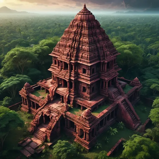 Prompt: Huge indian Temple Ruin complex, South Indian Architecture, entire structure, partly destructed, ghostly atmosphere, strongly overgrown by djungle, red and black marble materials, lush green surroundings, intricate carvings and ornate details, birdview  immersive world-building, high quality, detailed, epic scale, fantasy, game style, vibrant colors, nightfall