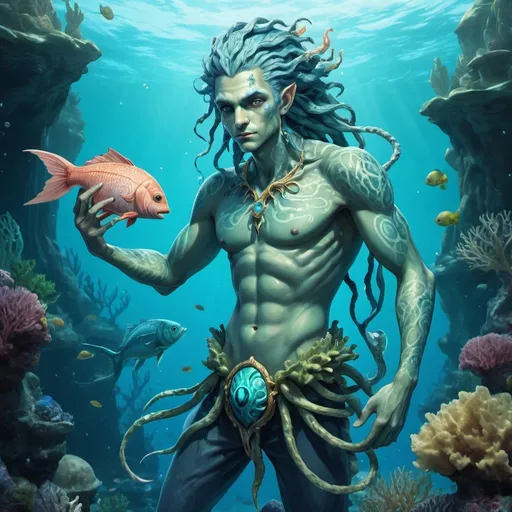 Prompt: Full body, Fantasy illustration of a waterspirit, male humanoid with fish like features, braided blue hair, full green skin color, big blue eyes, uncanny expression, high quality, rpg-fantasy, detailed, underwater coral bank background 