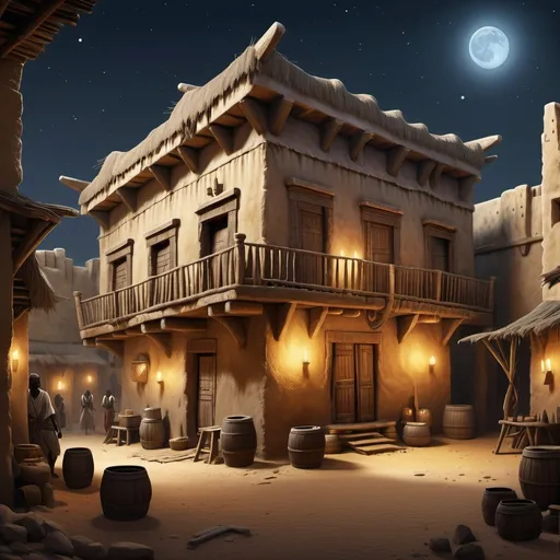 Prompt: Fantasy Illustration of a run-down tavern, western-african architecture, entire structure, limestone materials, stray roof, african style, immersive world-building, high quality, detailed, epic scale, fantasy, surrounded by an ancient african city like timbuktu, nighttime