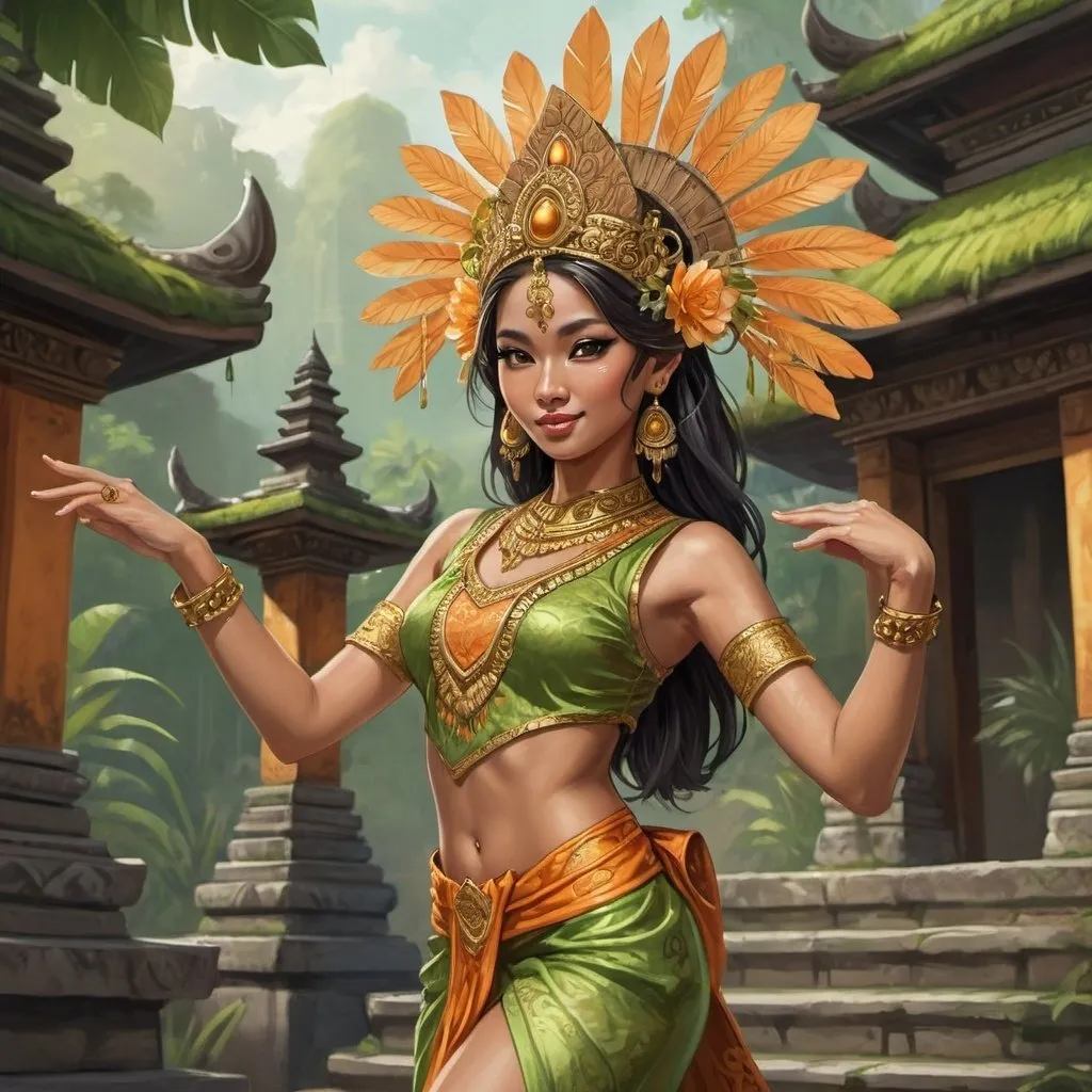 Prompt: Full body, Fantasy illustration of a female balinese dancer, 23 years old, tawny orange-brownish skin color, flirty expression, green traditional garment and golden traditional headdress, black hair, high quality, rpg-fantasy, detailed, balinese temple background