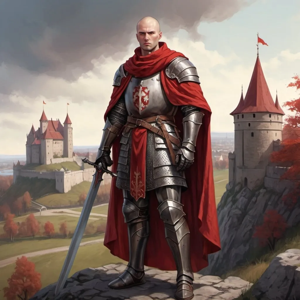 Prompt: Full body, Fantasy illustration of a brown haired male slawic knight, iron armor, red robe, grim gaze, bald, short beart, red scarf, high quality, rpg-fantasy, slavic castle in background