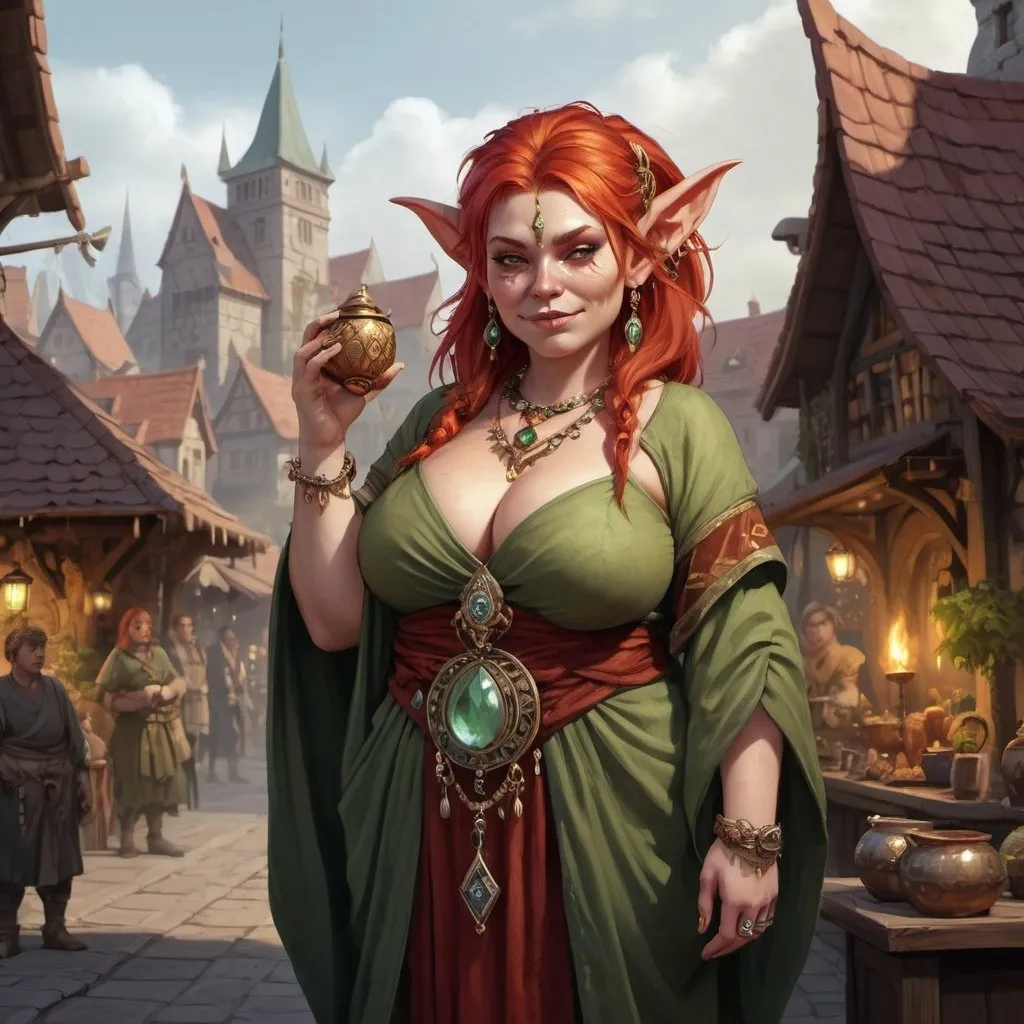 Prompt: Full body, Fantasy illustration of a young female goblin shaman, beautiful, full-figured, red hair, fancy hairstyle, exquisitive jewellery, wearing a elegant robe, wise and mystical appearance, mischievous expression, high quality, rpg-fantasy, medivial town in background