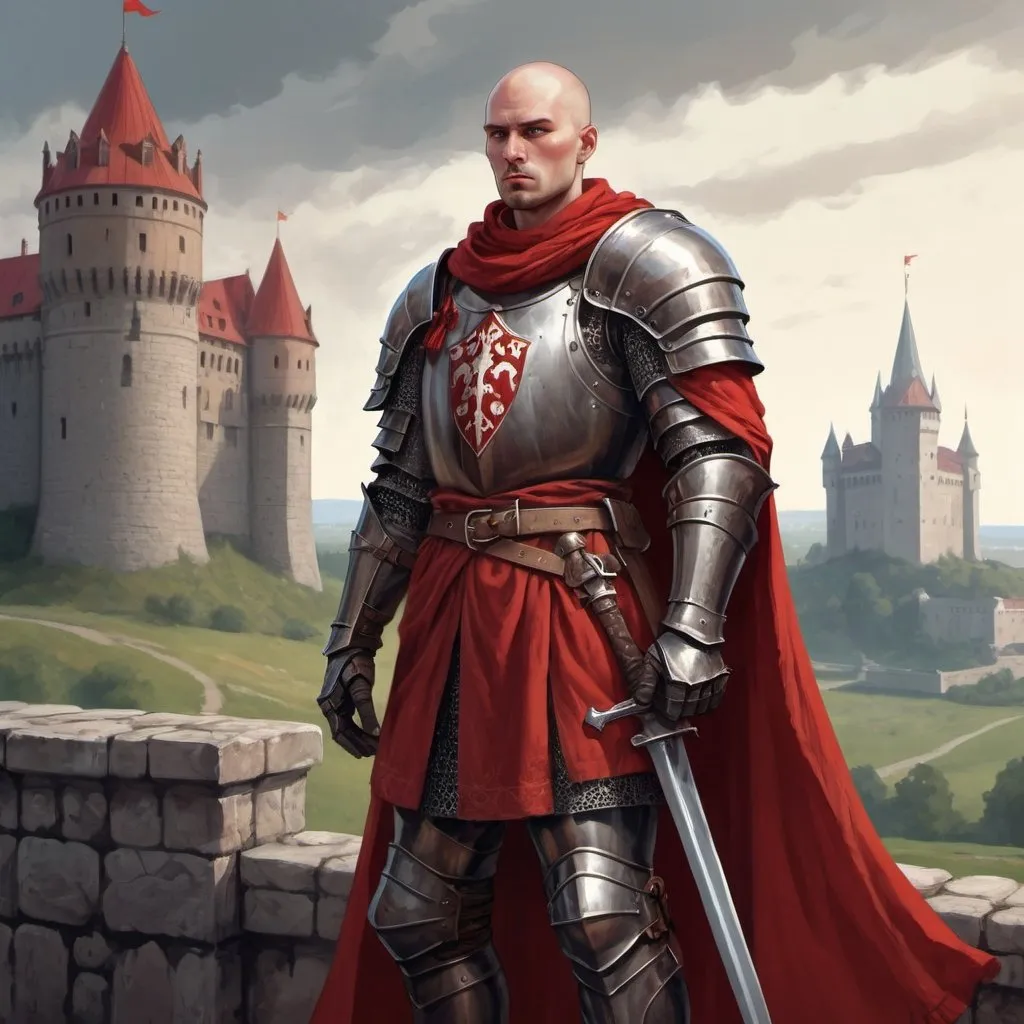 Prompt: Full body, Fantasy illustration of a brown haired male slawic knight, iron armor, red robe, grim gaze, bald, short beart, red scarf, high quality, rpg-fantasy, slavic castle in background