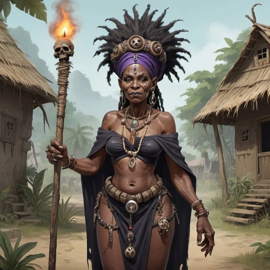 Prompt: Full body, Fantasy illustration of a female black witchdoctor, 60 years old, traditional garment, mischievous expression, high quality, rpg-fantasy, djungle settlement