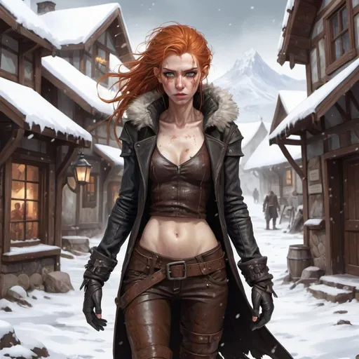 Prompt: Full body, Fantasy illustration of a female woman, young and skinny, leather clothing, ginger disheveled hair, smeared makeup, exhausted expression, high quality, rpg-fantasy, detailed, snow covered wiking town background