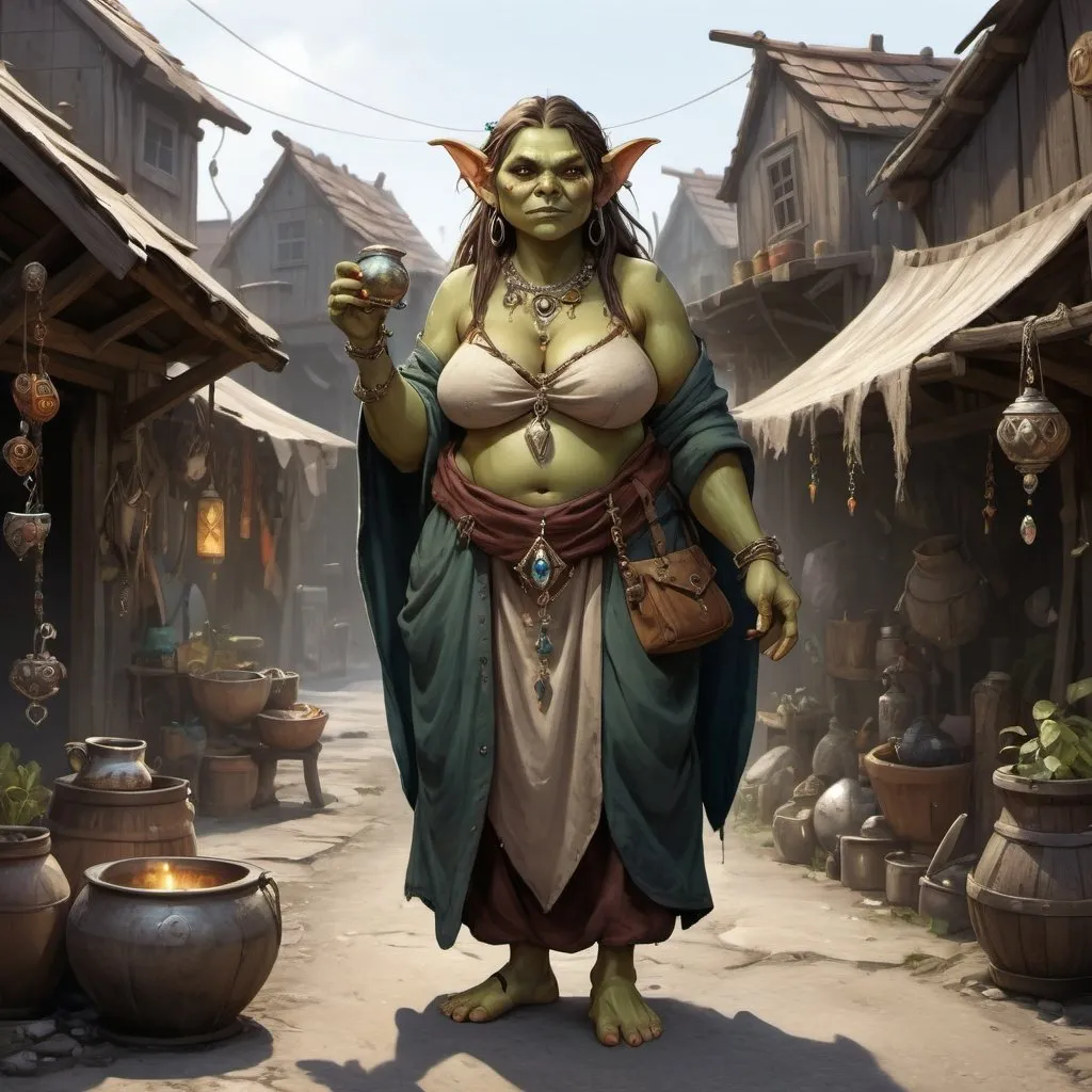 Prompt: Full body, Fantasy illustration of a young female goblin shaman, beautiful, full-figured, exquisitive jewellery, wearing a robe, wise and mystical appearance, mischievous expression, high quality, rpg-fantasy, medivial slum in background