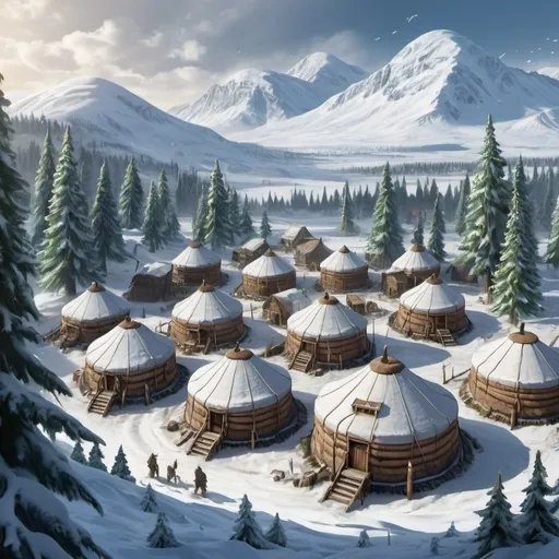 Prompt: Fantasy Illustration of a laplander settlement, yurts surrounding a very huge fir tree, entire settlement, immersive world-building, high quality, detailed, epic scale, fantasy, snow covered forest background 