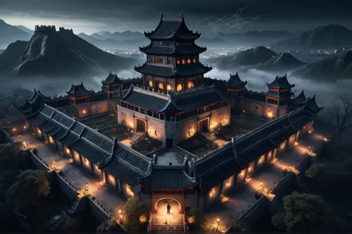 Prompt: Huge chinese cused castle, birdview, entire structure, dark materials, surrounded with high walls, spiderwebs,
neglected garden, immersive world-building, high quality, detailed, epic scale, fantasy, game style, dark and eerie lighting, nightfall