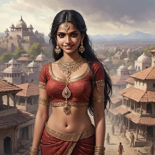 Prompt: Full body, Fantasy illustration of a female indian woman, 18 years old,  very beautiful, delicate jewellery, intricate makeup, traditional garment, femme fatal, enchanting expression, evil gaze, malicious smile, high quality, rpg-fantasy, detailed, ancient indian town in background
