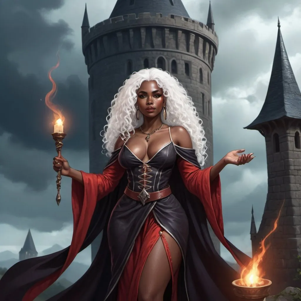 Prompt: Full body, Fantasy illustration of a black female sorceress, 25 years old, full figured, beautiful, black skin, white curly hair, elegant red wizardrobe,  delicate makeup, melancholic expression, sad smile, high quality, rpg-fantasy, detailed, dark wizard tower background