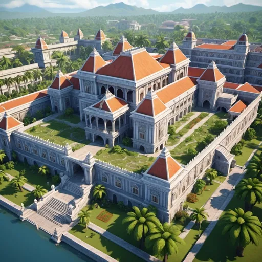 Prompt: City palace with garden, Central American architecture, entire structure, birdview, immersive world-building, high quality, detailed, epic scale, rpg-fantasy