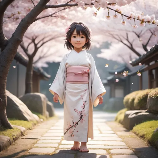 Prompt: Full body, small japanese girl, four years old, wearing white elegant japanese garment, hair decorated with cherryblossoms, cute, subtle smile, mystical atmosphere, RPG-fantasy, intense, detailed, game-rpg style, fantasy, detailed character design, 
atmospheric, otherwordly ambiance, dawn, sunrise, cherry trees
