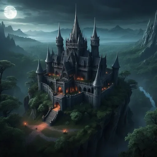 Prompt: elven castle, dark and eerie, entire structure, surrounded by a dark fairy forest, birdview, immersive world-building, high quality, detailed, epic scale, fantasy, game style, ghostly atmosphere, twilight