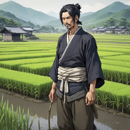 Prompt: Full body, japanese farmer, male, fifty years old, black hair and short beart, grieving expression, RPG-fantasy, intense, detailed, game-rpg style, fantasy, detailed character design, atmospheric, japanese rice fields