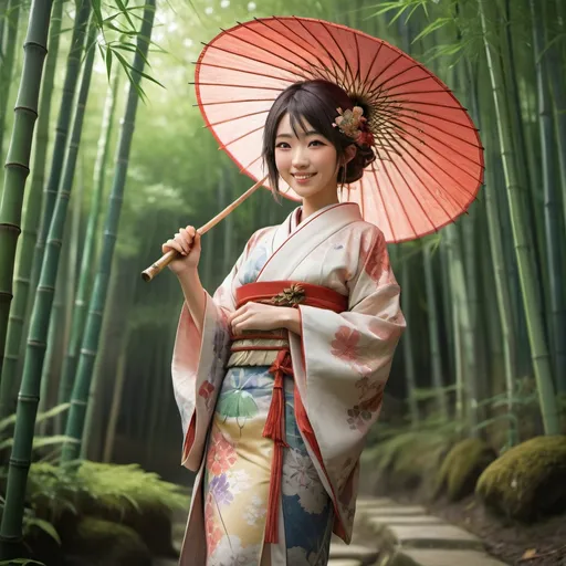Prompt: Full body, young japanese woman, twentyfour years old, wearing colorful elegant japanese garment, delicate jewellery, beautiful, kind expression, laughing, holding a parasol, RPG-fantasy, intense, detailed, game-rpg style, fantasy, detailed character design, 
atmospheric, bamboo forest