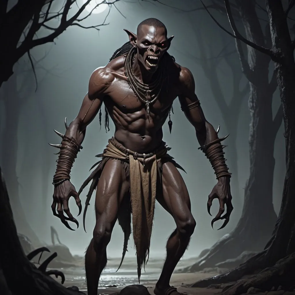 Prompt: Full-body, Asanbosam, African vampiric creature, iron teeth, huge hook-shaped claws on the feet, wearing loincloth, long limbs, skinny body, sinister look, spooky atmosphere, RPG-fantasy, intense, detailed, game-rpg style, dark and eerie lighting, sinister vibe, fantasy, horror, iron teeth, hook-shaped claws, loincloth, detailed character design, atmospheric, spooky ambiance