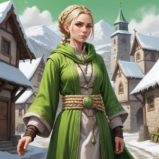 Prompt: Full body, Fantasy illustration of a female cleric, elderly, bright green robe, bright green headscarf, wheat ears symbol jewellery, blond spiral braids, 
kindly expression, high quality, rpg-fantasy, detailed, snow covered wiking town background