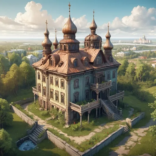 Prompt: Fantasy Illustration of a Russian Villa with a small Garden, abandoned, entire structure, birdview, immersive world-building, high quality, detailed, epic scale, rpg-fantasy, medivial Russian city in the background