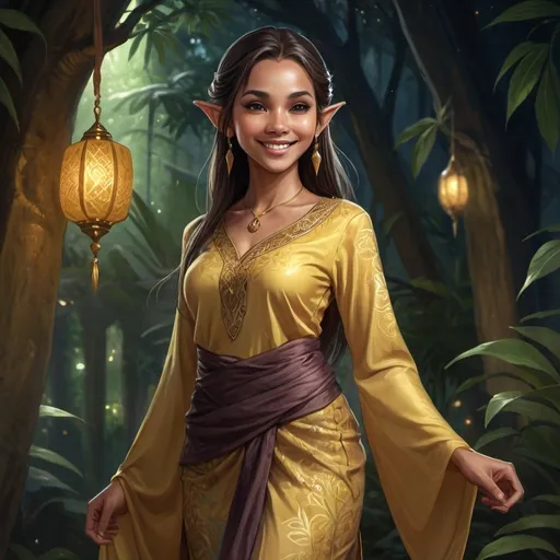 Prompt: Full body, Fantasy illustration of a female malayan elf, beautiful, brown-yellowish skin, dark hair, malayan hairstyle, pointy ears, colorfull traditional  malayan garment baju kurung, mysterious expression, smiling, high quality, rpg-fantasy, mystical lighting, detailed, djungle background, nighttime, illustrated, art