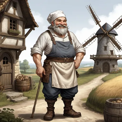 Prompt: Full body, Fantasy illustration of a dwarfish miller, grey braided beart, wearing a Miller's apron and a white cap, baffling smile, high quality, rpg-fantasy, detailed, medivial windmill in the background