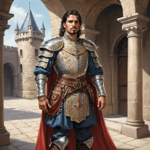 Prompt: Full body, Fantasy illustration of a spanish hidalgo, 30 years old,  traditional garment, cuirass, jewellery, lavish expression, high quality, rpg-fantasy, detailed, castle